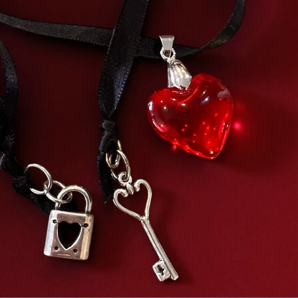 Glass Red Heart Pendant Necklace with Key and Lock Charm on Double Sided Satin